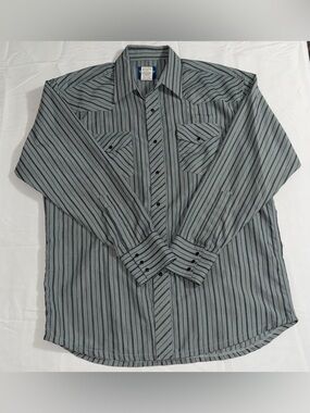 Wrangler Western Shirt Mens L Gray Striped Pearl Snap Cowboy Rodeo Long Sleeve
